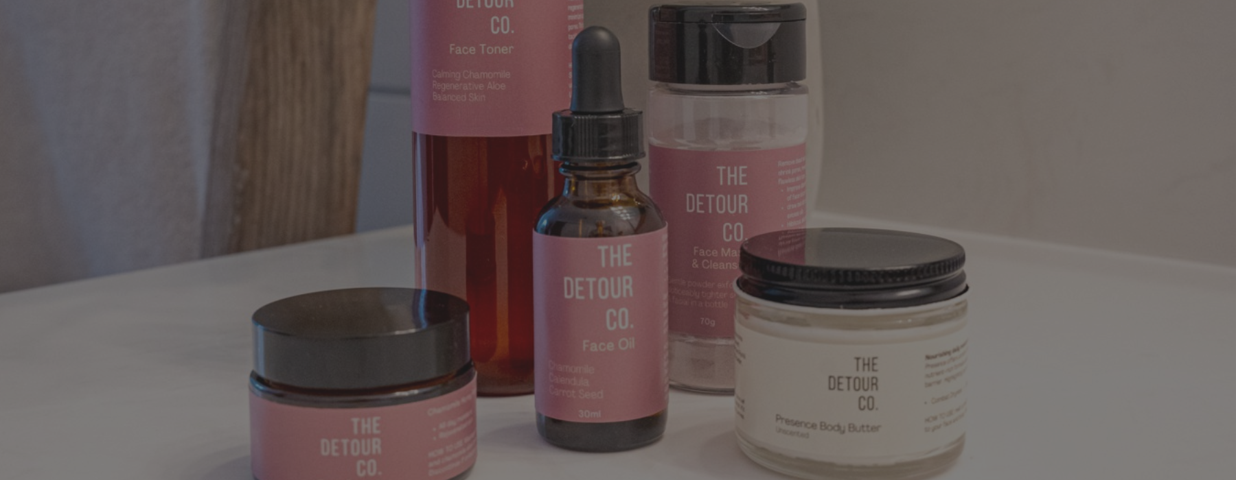 The Detour Co. full face ritual set with Face cream, face oil, face toner, body butter and cleansing face mask. All natural products handmade in Canada.