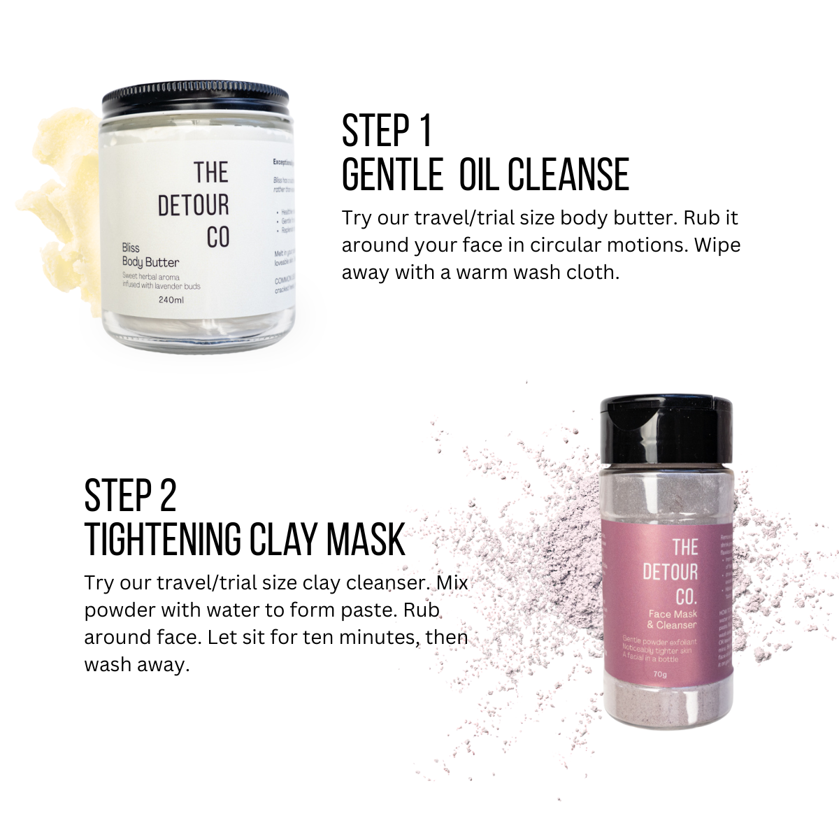 Detour Co. sample and travel set. Body Butter, Clay Cleanser, Toner, Face Oil, Face Cream.