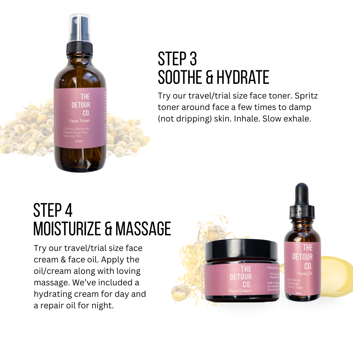 Detour Co. sample and travel set. Body Butter, Clay Cleanser, Toner, Face Oil, Face Cream.
